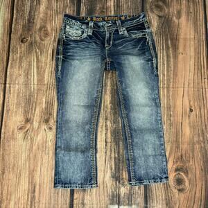 Rock‎ Revival Jillian Women's Capri Jeans Blue Medium Wash Embroidered Size 27